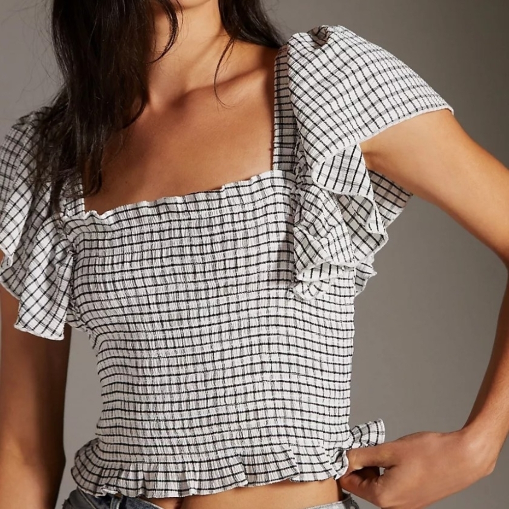 Anthropologie x Maeve Crinkle Gingham Smocked Ruffle Sleeve Crop Top - L